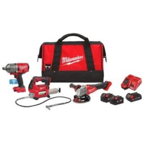 Zestaw (1x M18ONEFHIWF34 - Młot udarowo-obrotowy / 1x M18GG - Pistolet do smarowania / 1x M18FSAG125X - Szlifierka kątowa / 2x M18B5 - Akumulator / 1x M18B2 - Akumulator / 1x M12-18FC - Ładowarka / 1x Torba