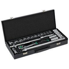 Zestaw kluczy nasadowych 1/2” 25 elem. metalowe pudełko, grzechotka 90T STALCO S011100025